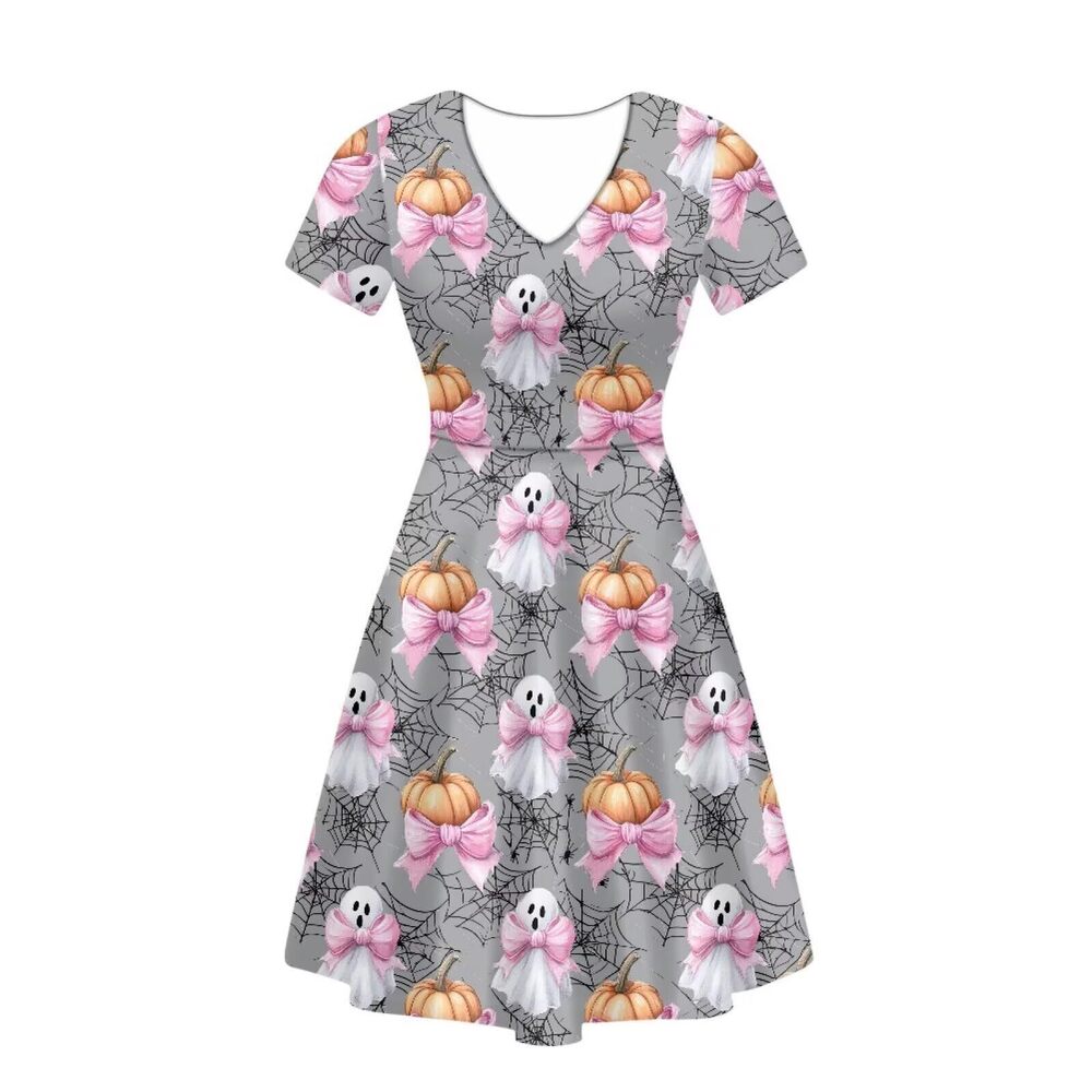 3282 Cute Ghost Dresses Halloween Short Sleeve Tshirt Dress Spider Web V